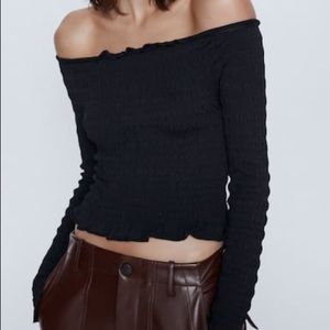 Zara Smocked Off the Shoulder Top with 3/4 Sleeve